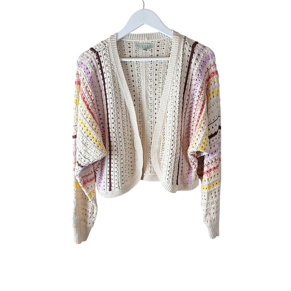 ryegrass Sweaters - Ryegrass Crochet Open Front Cardigan Colorful Striped Sweater Sz L